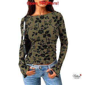 Long Sleeve Mesh Blouse Boat Neck Ruched Fitted Shirt Floral Top